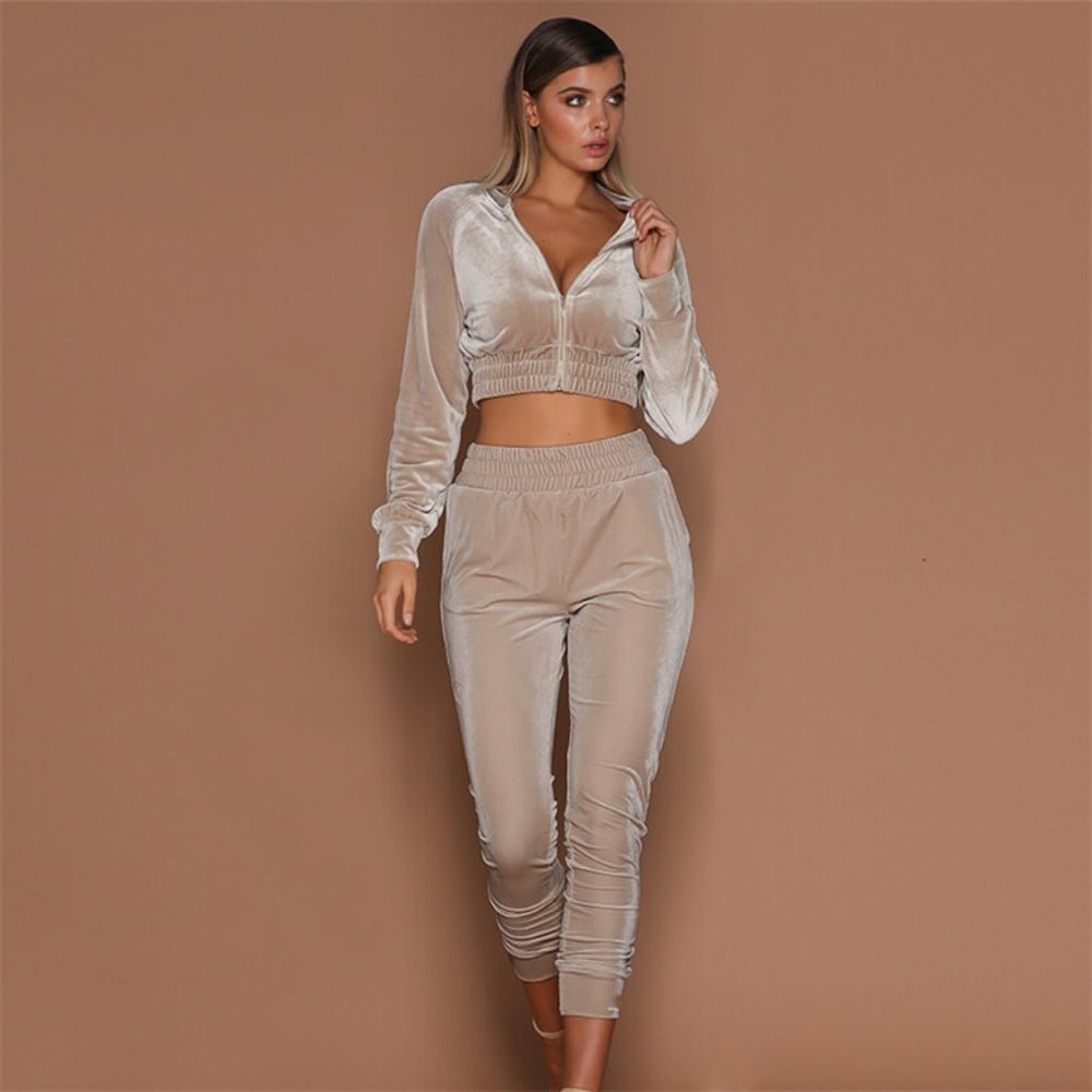 Women Fashion Crop Jacket And Crease Pants Two Pieces Set